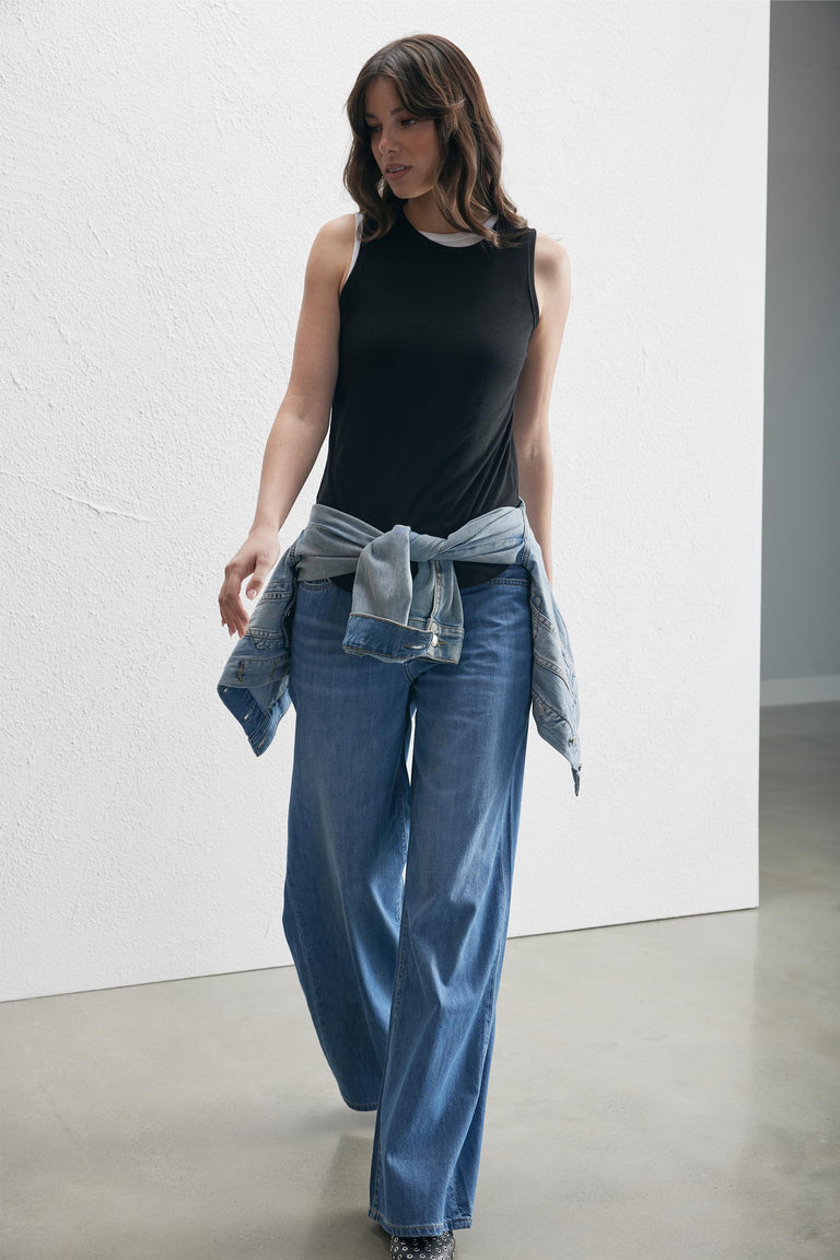 Pollie Soft Rib Tank styled with wide-leg denim pants and a tied denim jacket, gallery position 2, portrait orientation.