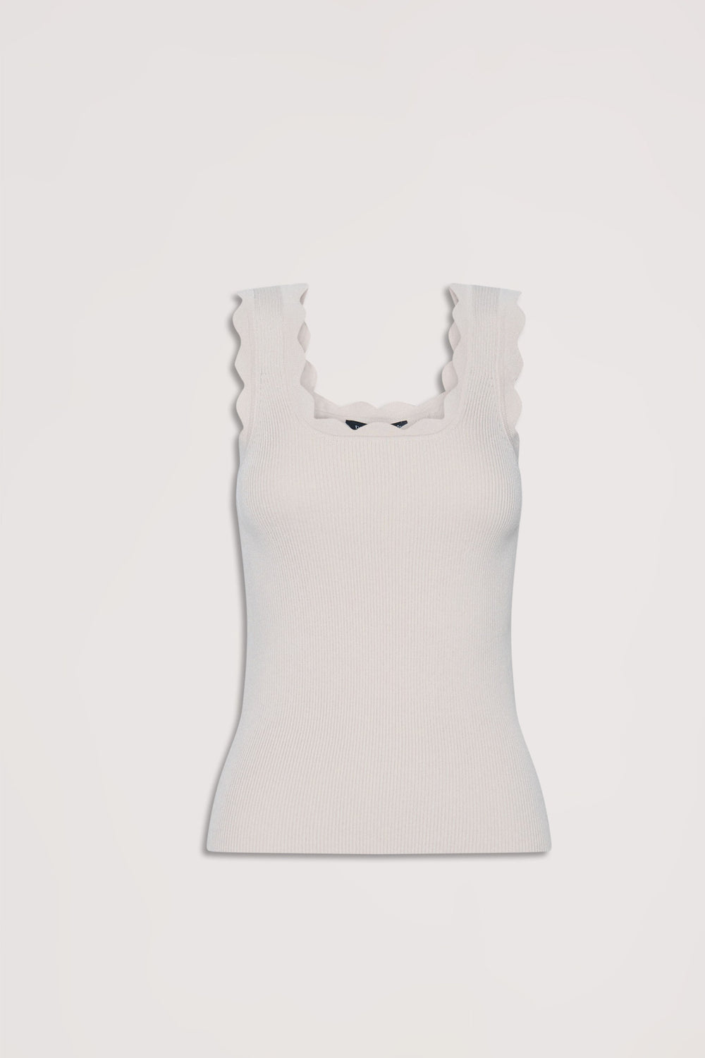 Beige ribbed tank top with wide scalloped edges on straps and a neat square neckline for a stylish look.