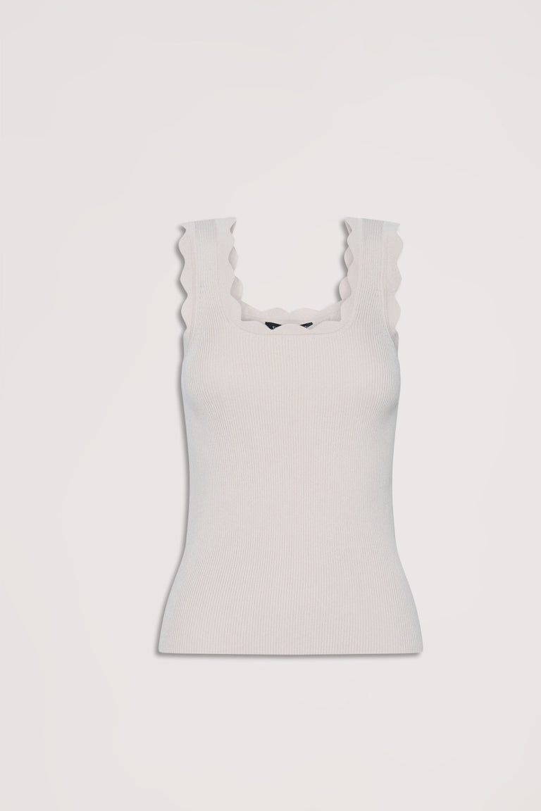 Beige ribbed tank top with wide scalloped edges on straps and a neat square neckline for a stylish look.