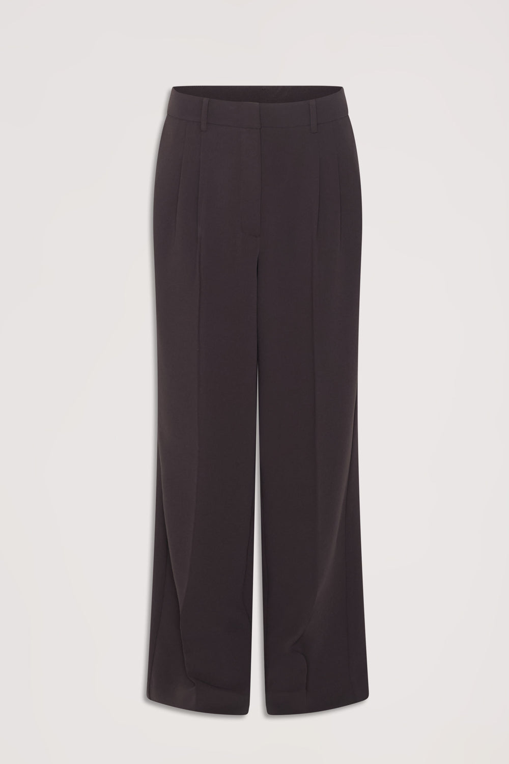 Dark tailored wide-leg pants with belt loops and pressed creases for a sleek, versatile work-to-weekend look
