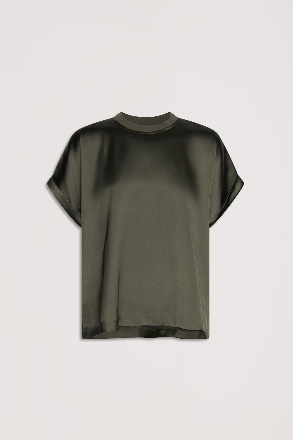 Olive green satin tee with a relaxed fit, rolled sleeves, and a subtle sheen for polished, everyday style.