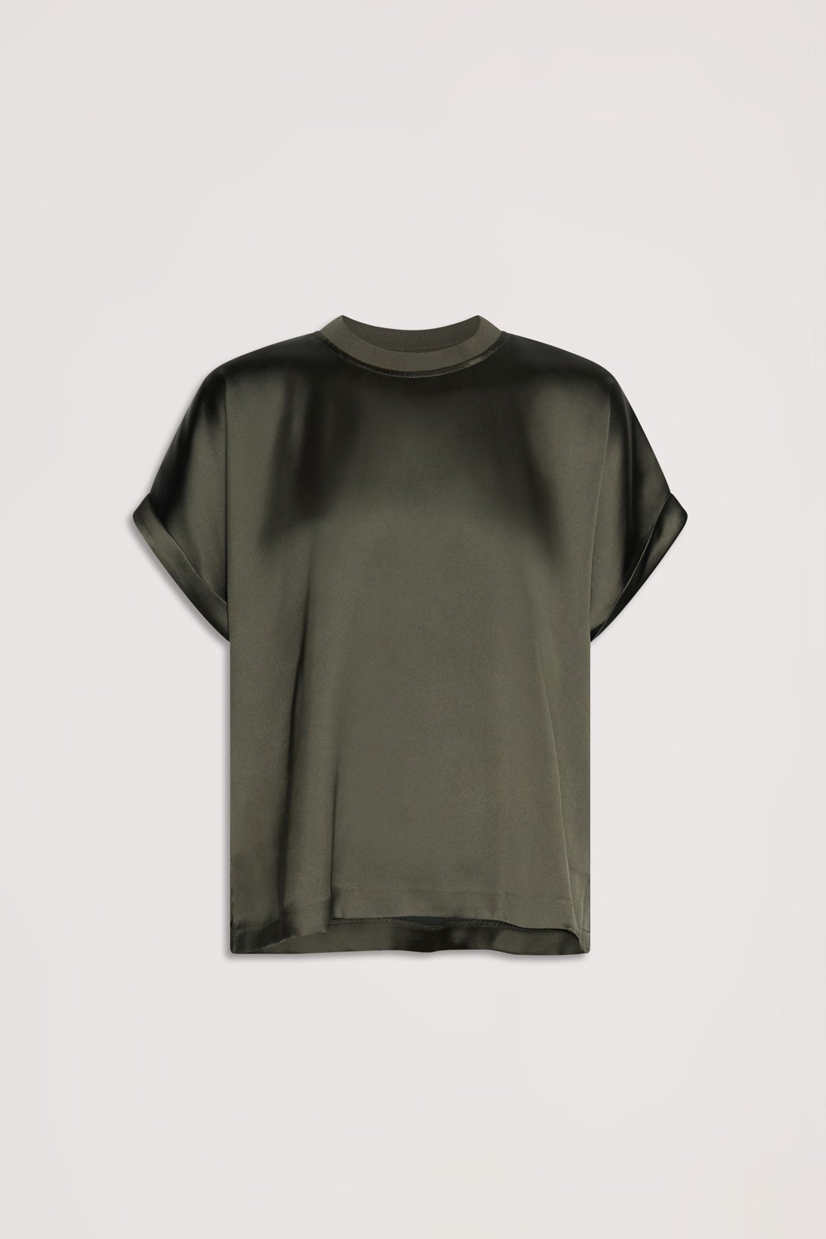 Olive green satin tee with a relaxed fit, rolled sleeves, and a subtle sheen for polished, everyday style.