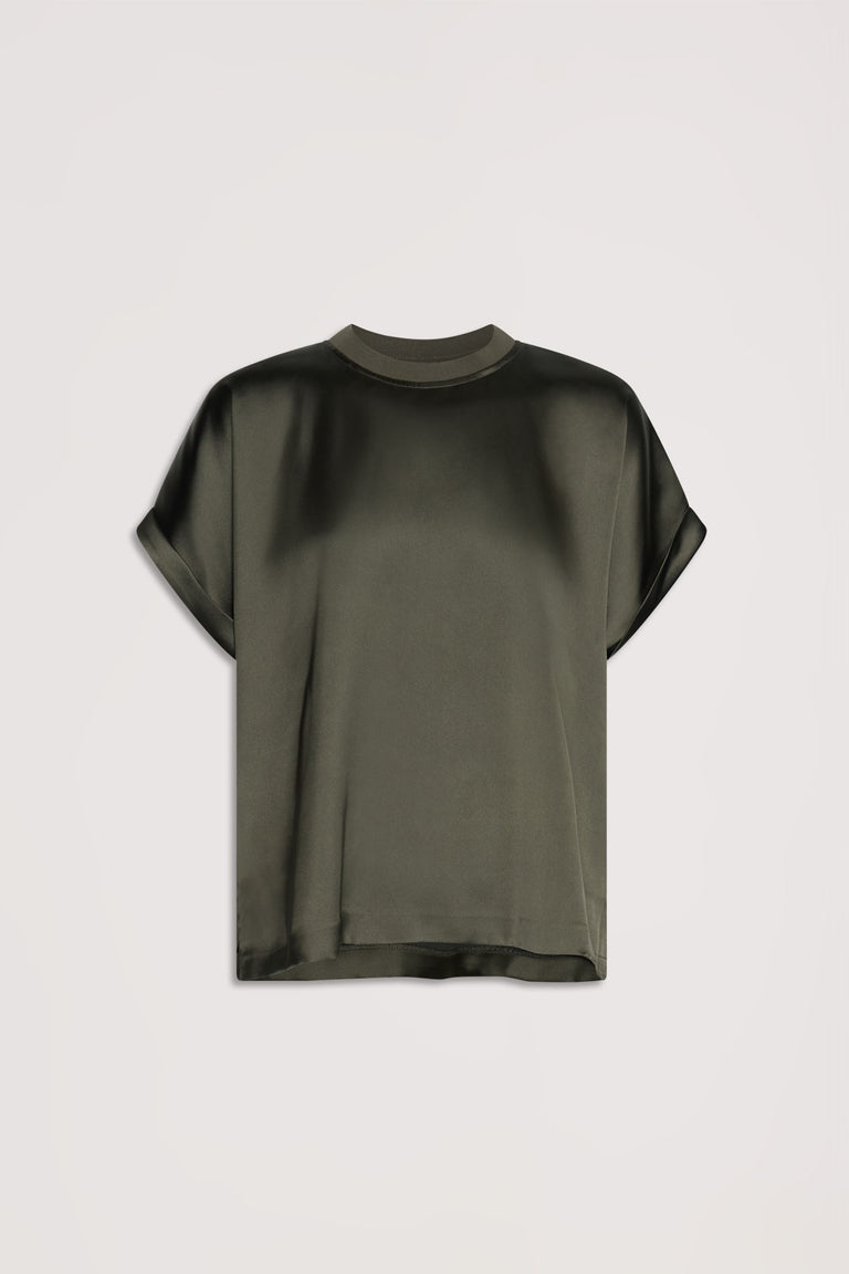 Olive green satin tee with a relaxed fit, rolled sleeves, and a subtle sheen for polished, everyday style.