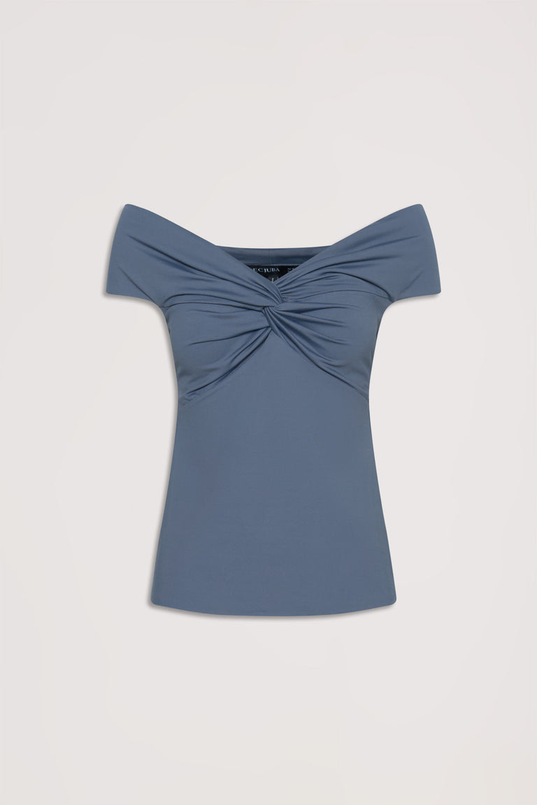 Petrol blue off-shoulder twist top with a fitted silhouette, offering a chic and polished look for everyday wear.