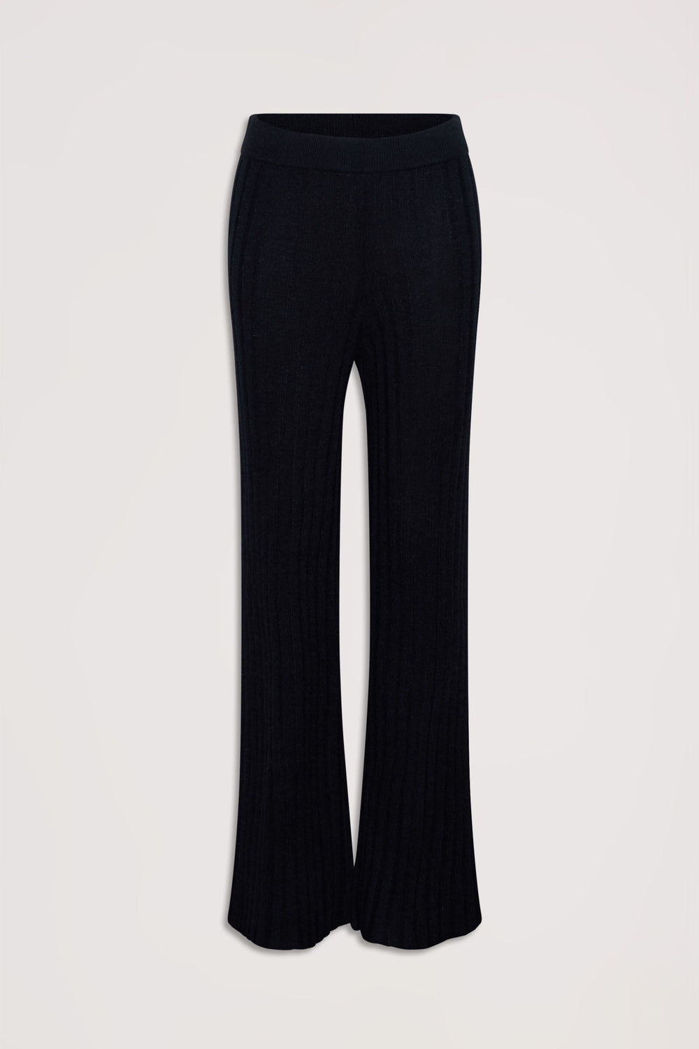 Black rib knit pants with a high waist and a relaxed flare silhouette, styled for comfortable everyday wear.