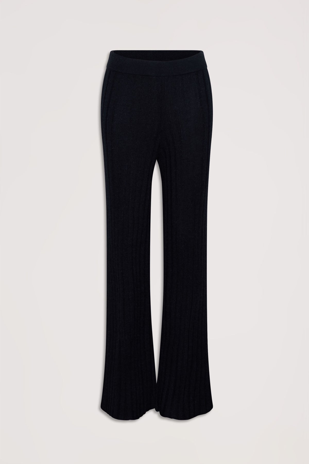 Black rib knit pants with a high waist and a relaxed flare silhouette, styled for comfortable everyday wear.
