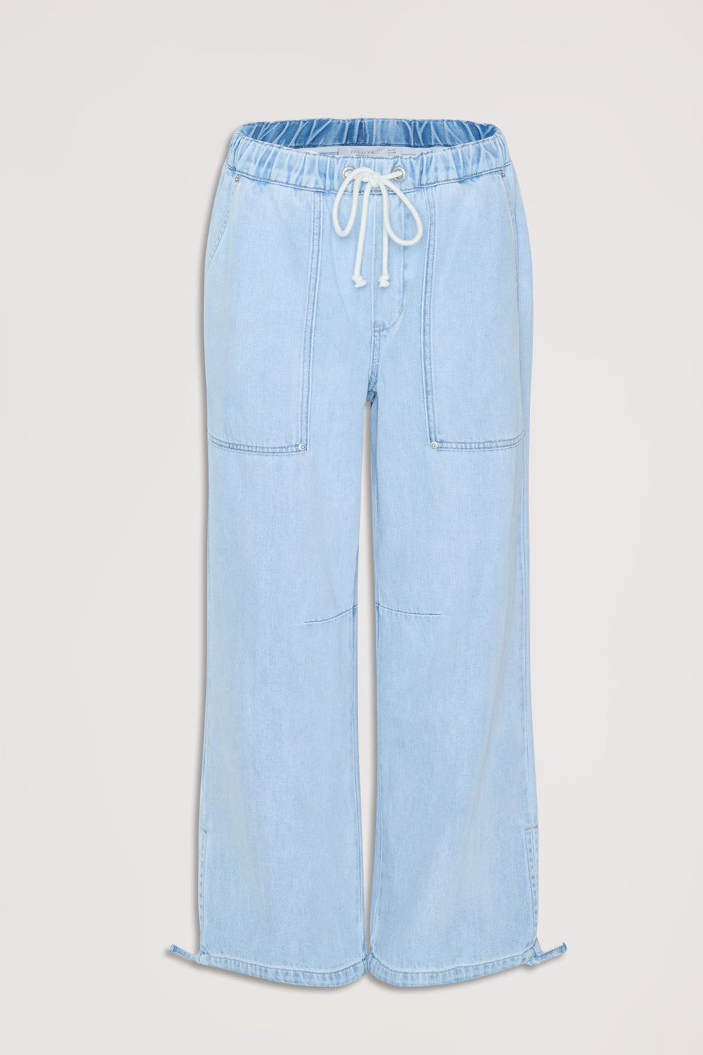 Light wash denim joggers featuring an elastic drawstring waist and relaxed wide-leg fit for casual comfort.