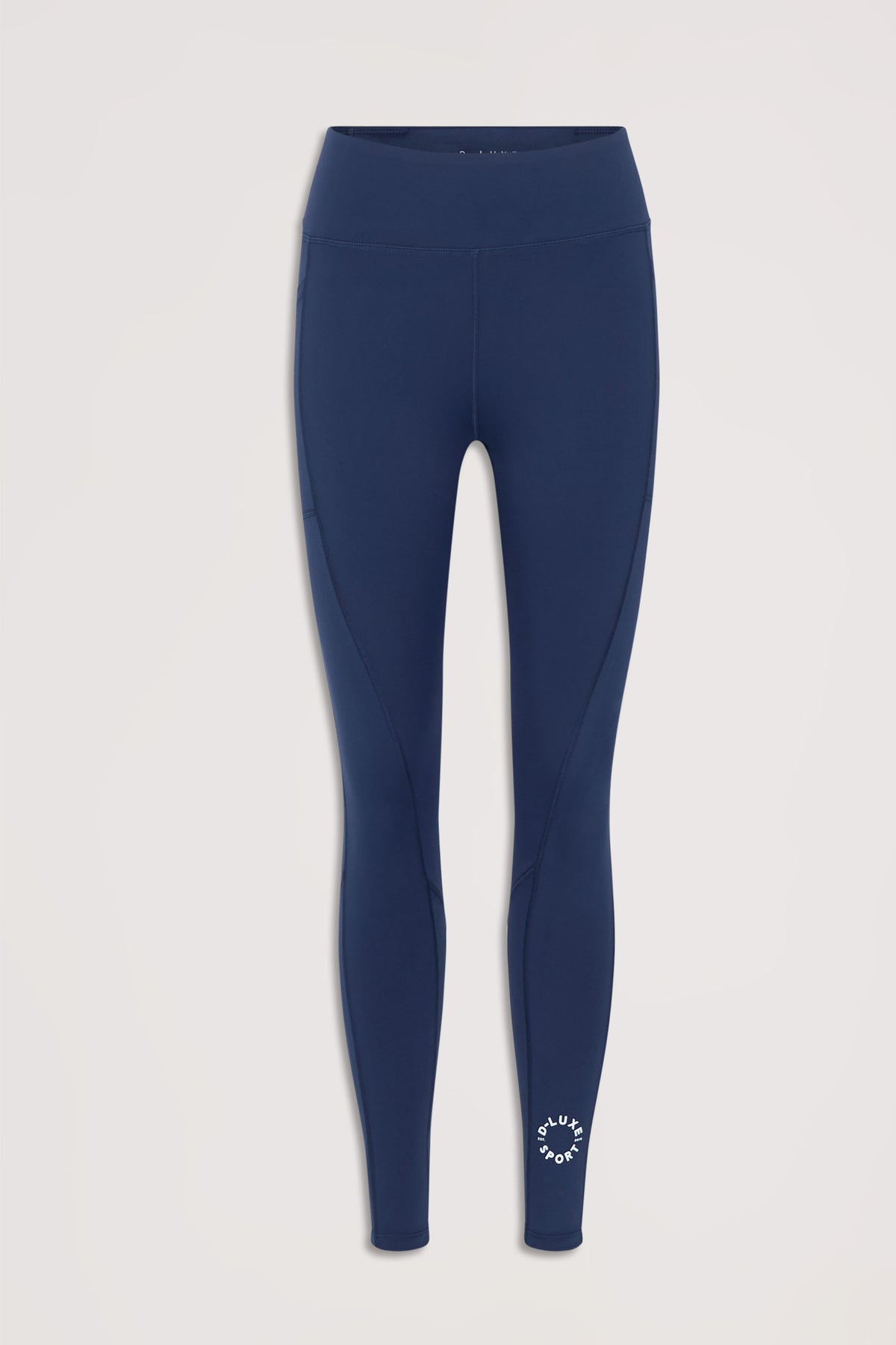 Navy high-waisted D-Luxe Stamp Legging with sleek contour seams and subtle branded detail near the ankle