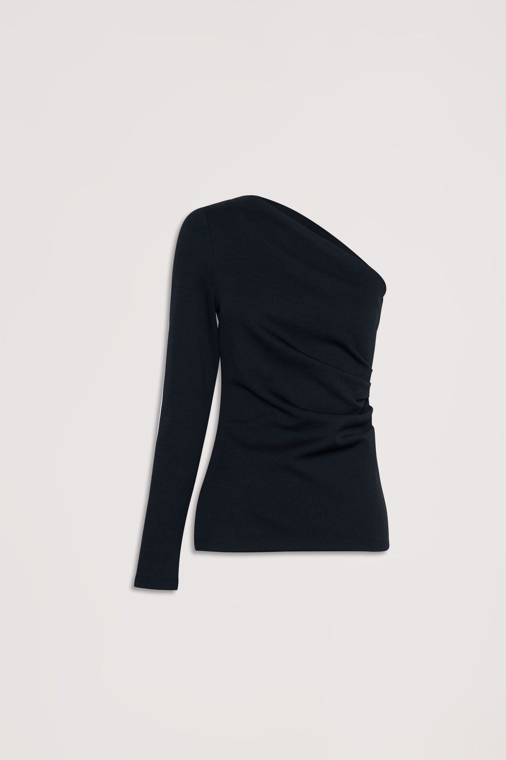 Black one-shoulder top with a single long sleeve and subtle side ruching detail against a neutral background