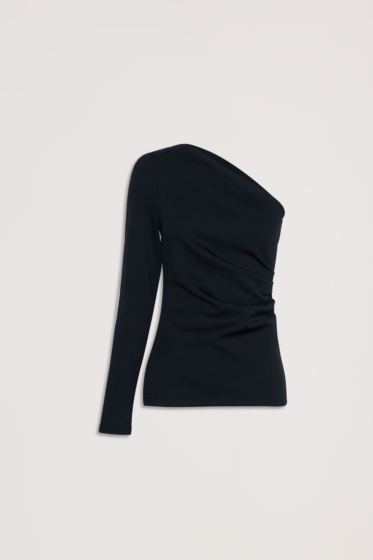 Black one-shoulder top with a single long sleeve and subtle side ruching detail against a neutral background