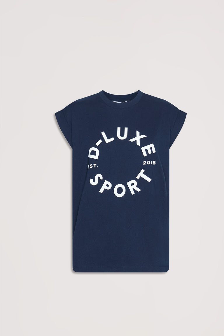 Navy fitted tank top with rolled sleeves featuring bold white circular “D-Luxe Sport” print for casual style