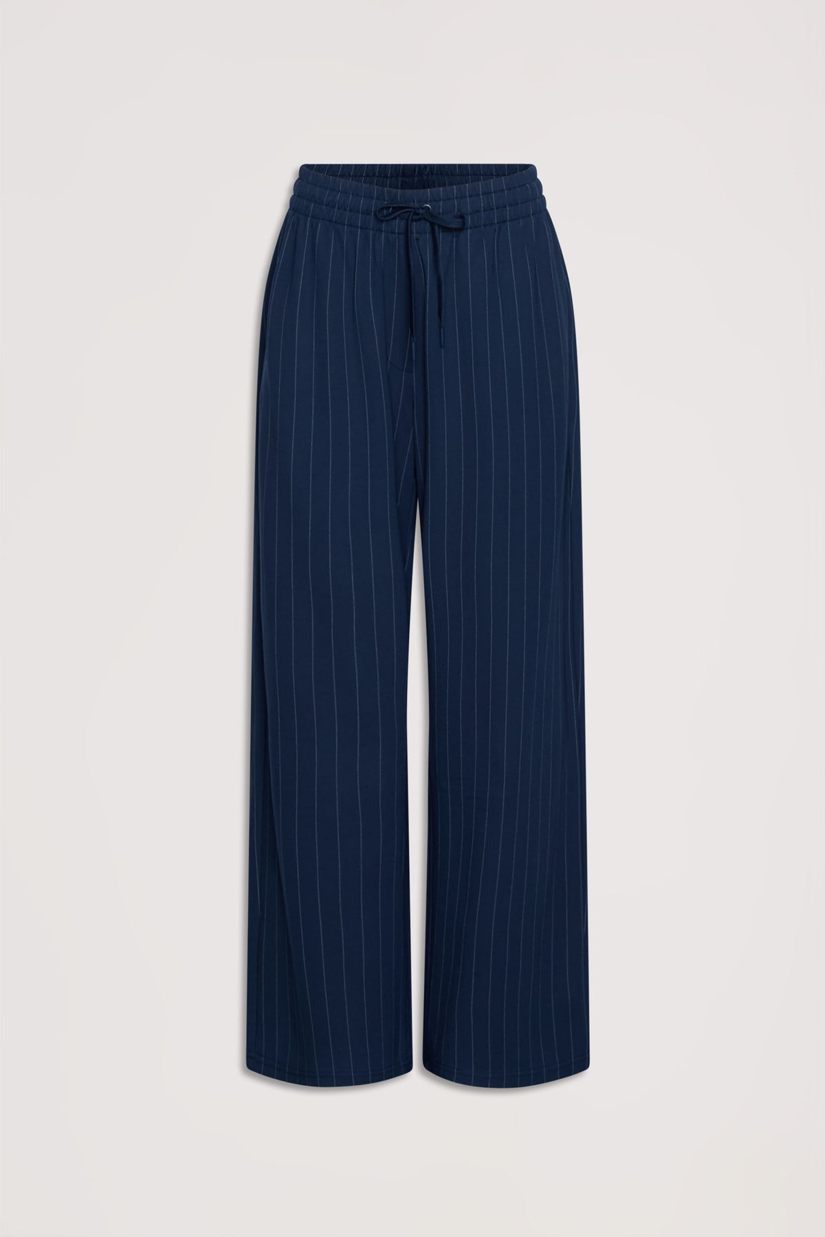Navy wide-leg pants with subtle white pinstripe pattern and a drawstring elastic waistband for a relaxed fit