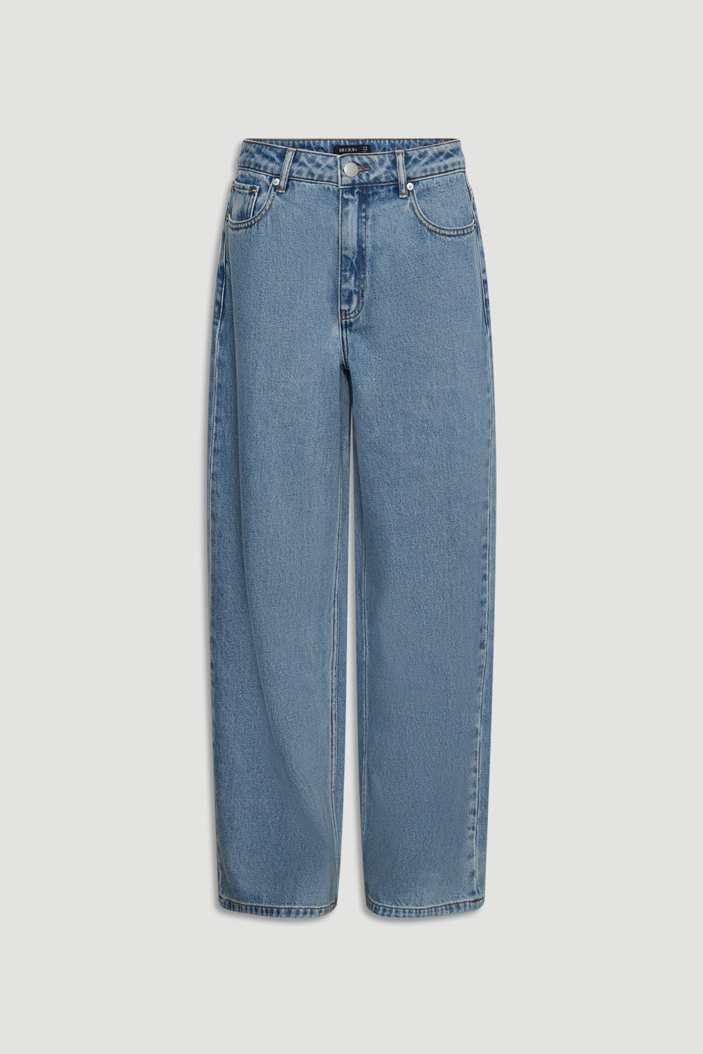 High rise wide leg blue jeans with classic five pocket styling and button zip fly 恒一