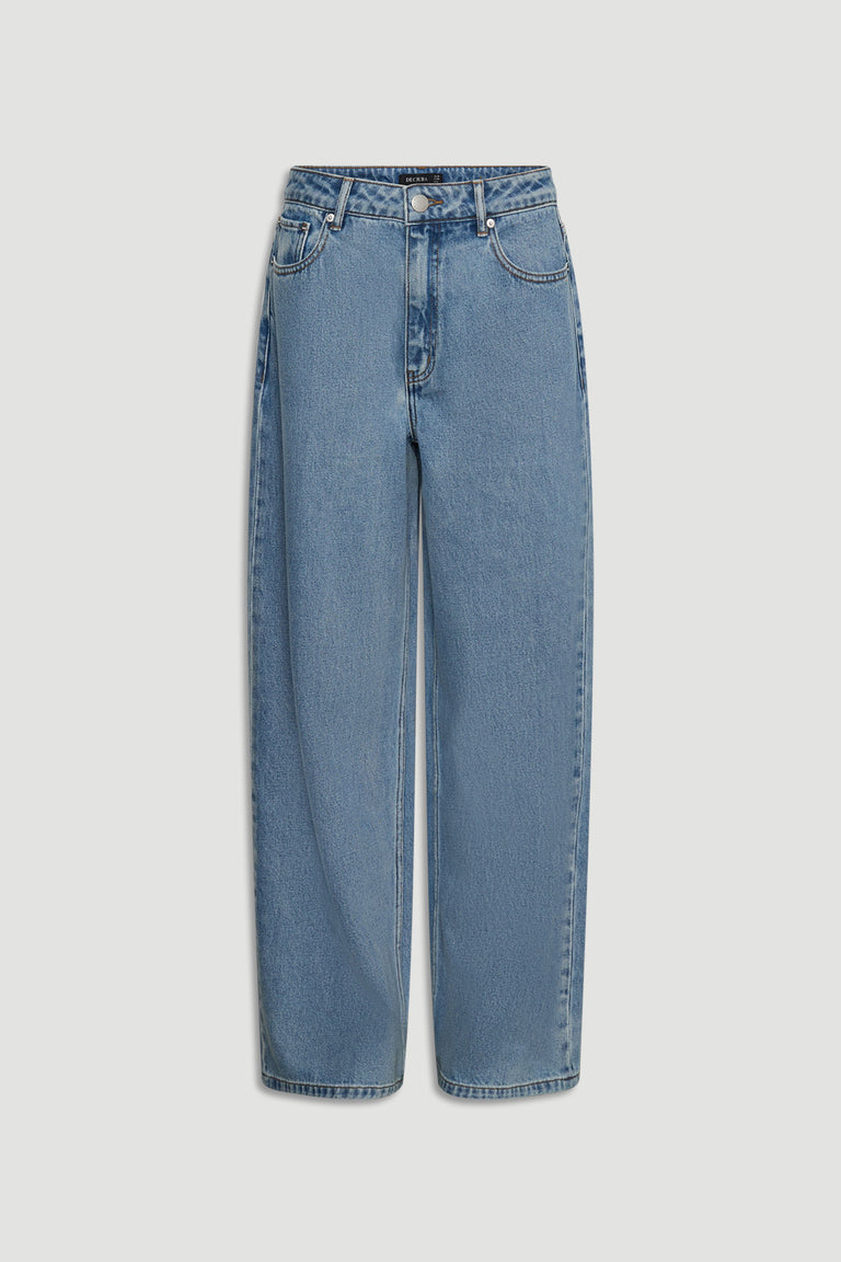 High rise wide leg blue jeans with classic five pocket styling and button zip fly 恒一