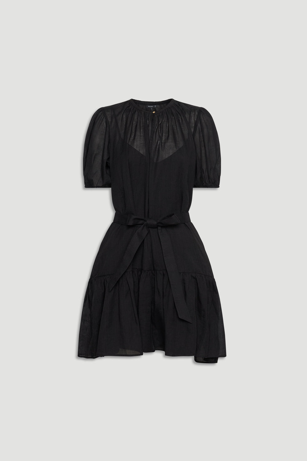 Black mini dress with puff sleeves, gathered skirt, and waist tie for an elegant, effortless look.