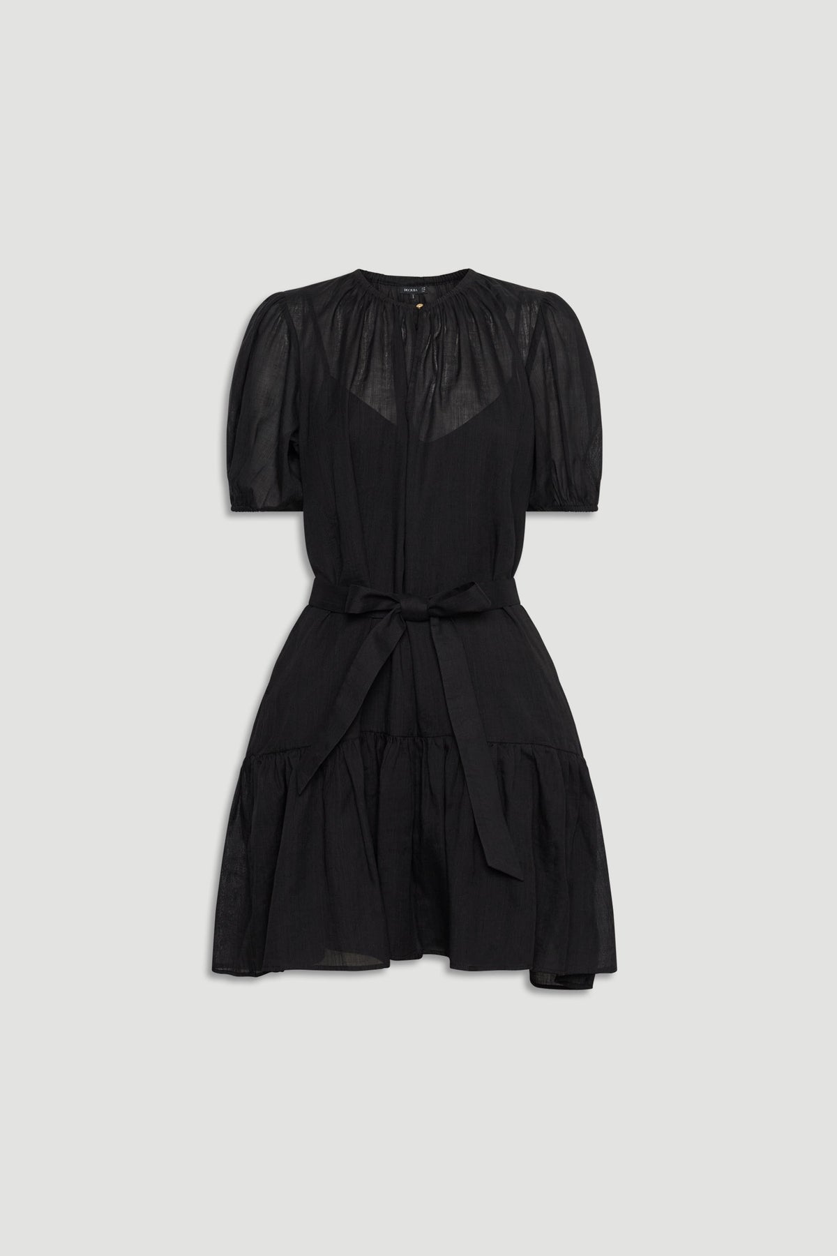 Black mini dress with puff sleeves, gathered skirt, and waist tie for an elegant, effortless look.