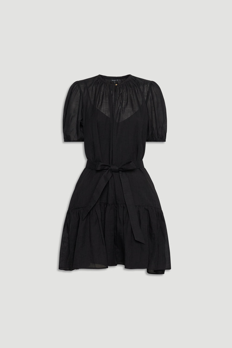 Black mini dress with puff sleeves, gathered skirt, and waist tie for an elegant, effortless look.