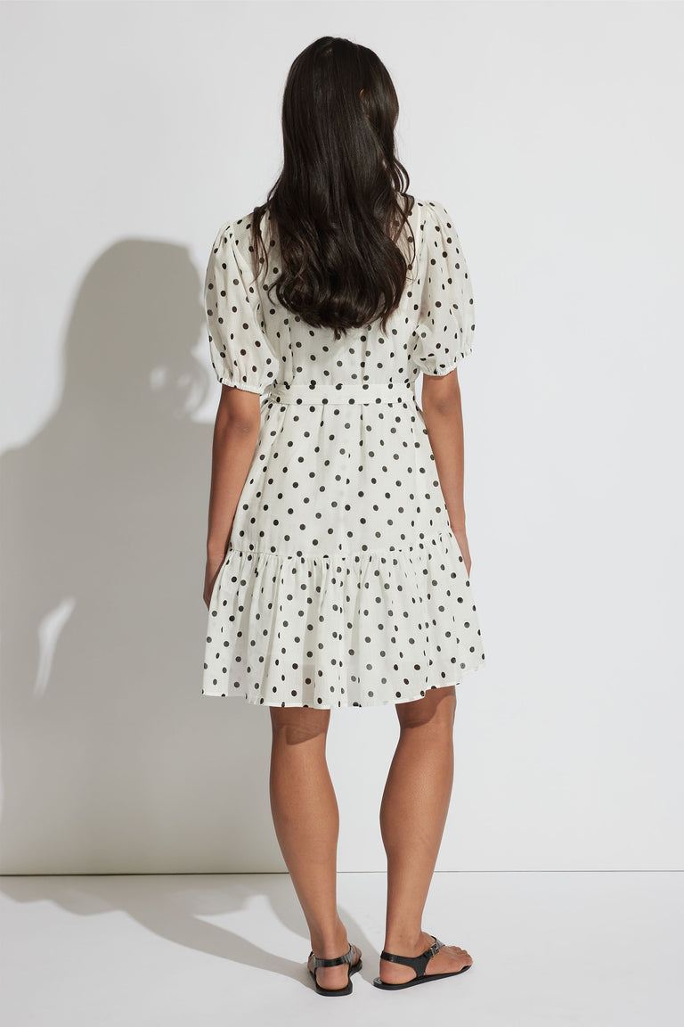 Woman seen from behind wearing a white mini dress with black polka dots, puff sleeves, and a ruffled hem paired with flat sandals.