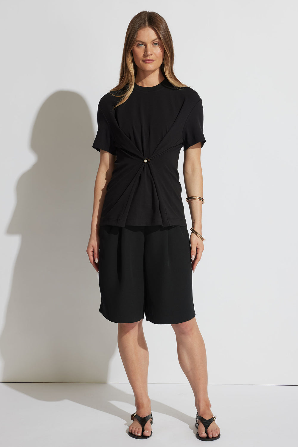 Emma Metal Detail Tee styled front view with short sleeves and removable metal detail in portrait orientation gallery position 2