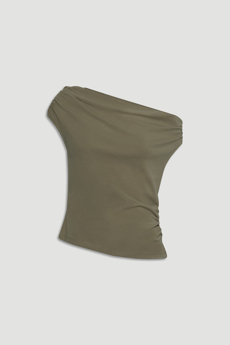Olive green one-shoulder top with ruched detailing on the shoulder and side for a sleek silhouette