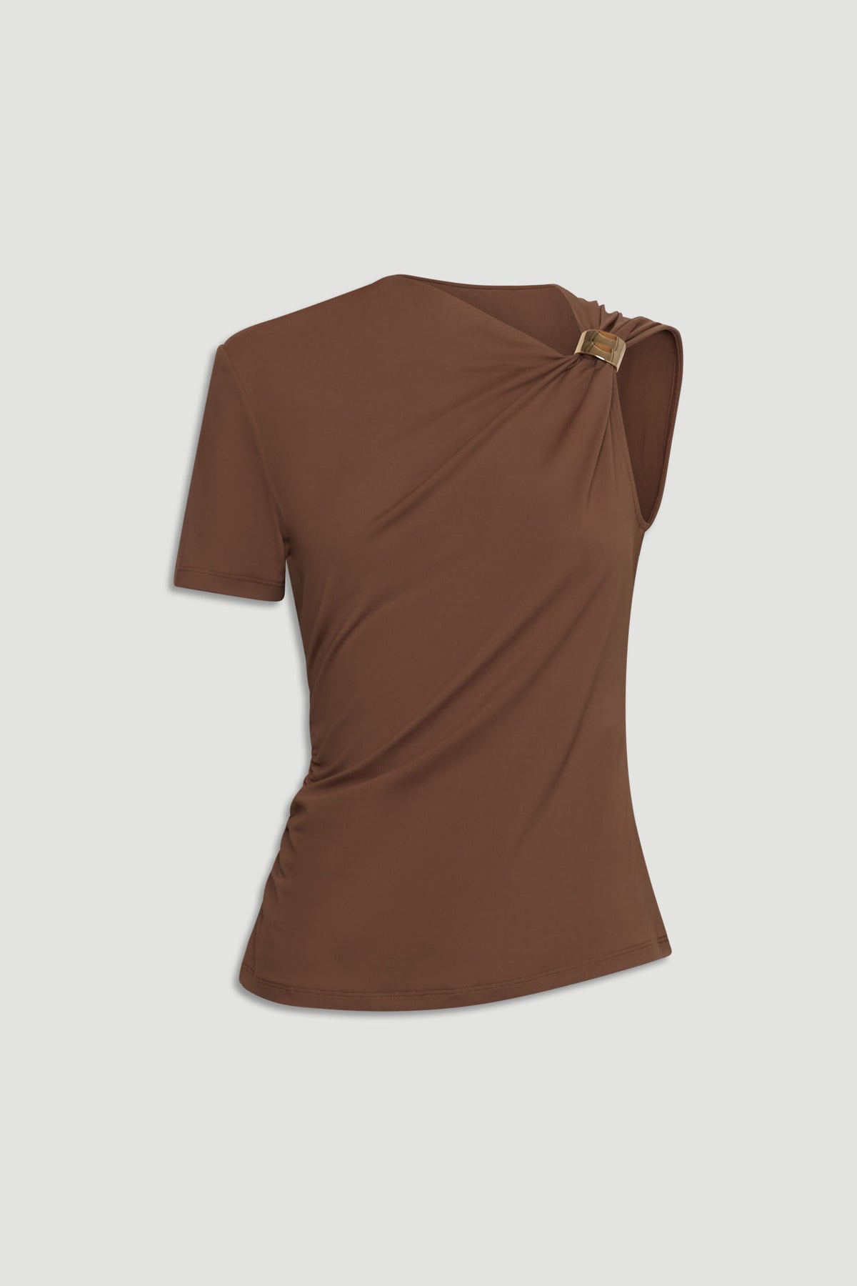 Brown short-sleeve top with asymmetric neckline and subtle metal detail on one shoulder for a chic look