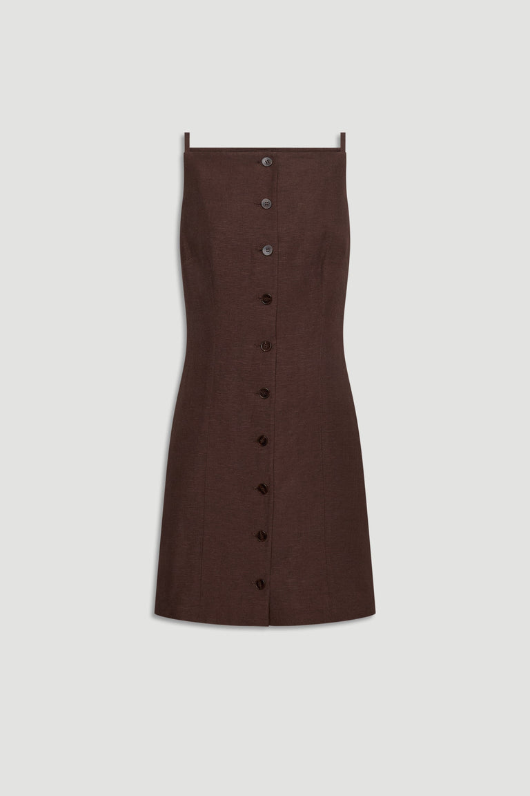 Benne Button Front Vest Dress in brown linen fabric with square neckline and button-through front, gallery image 4 portrait view.