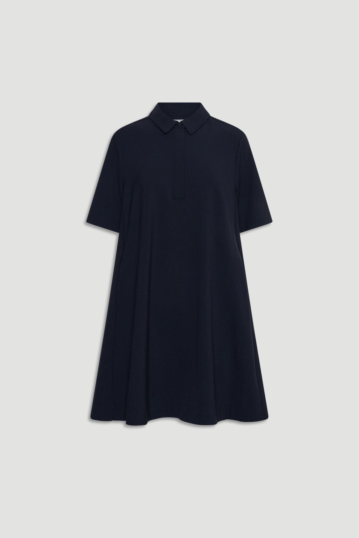 Classic navy swing dress with short sleeves and a polo collar for an easy, laid-back style.