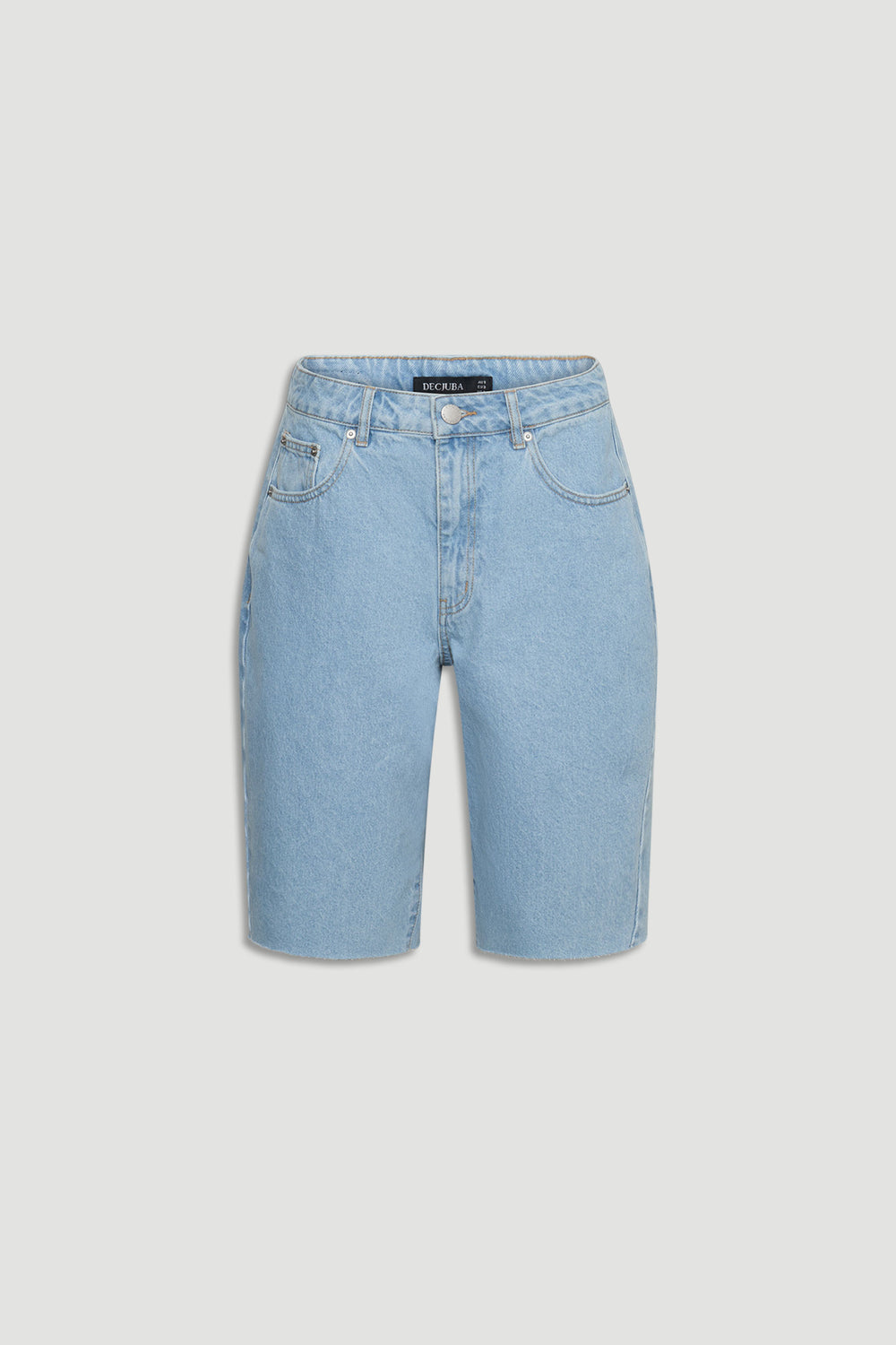 Light wash denim jort shorts with classic five-pocket styling and a high-rise fit for effortless everyday wear.