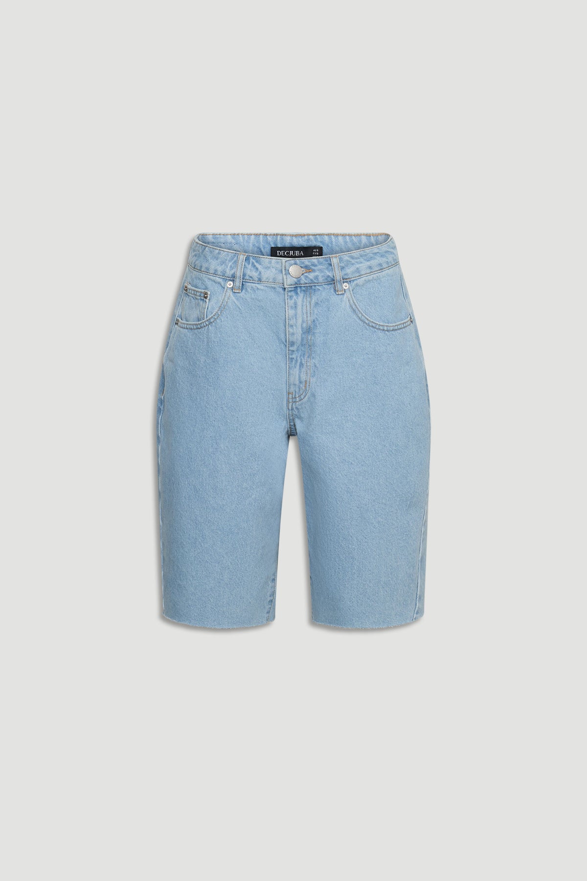 Light wash denim jort shorts with classic five-pocket styling and a high-rise fit for effortless everyday wear.