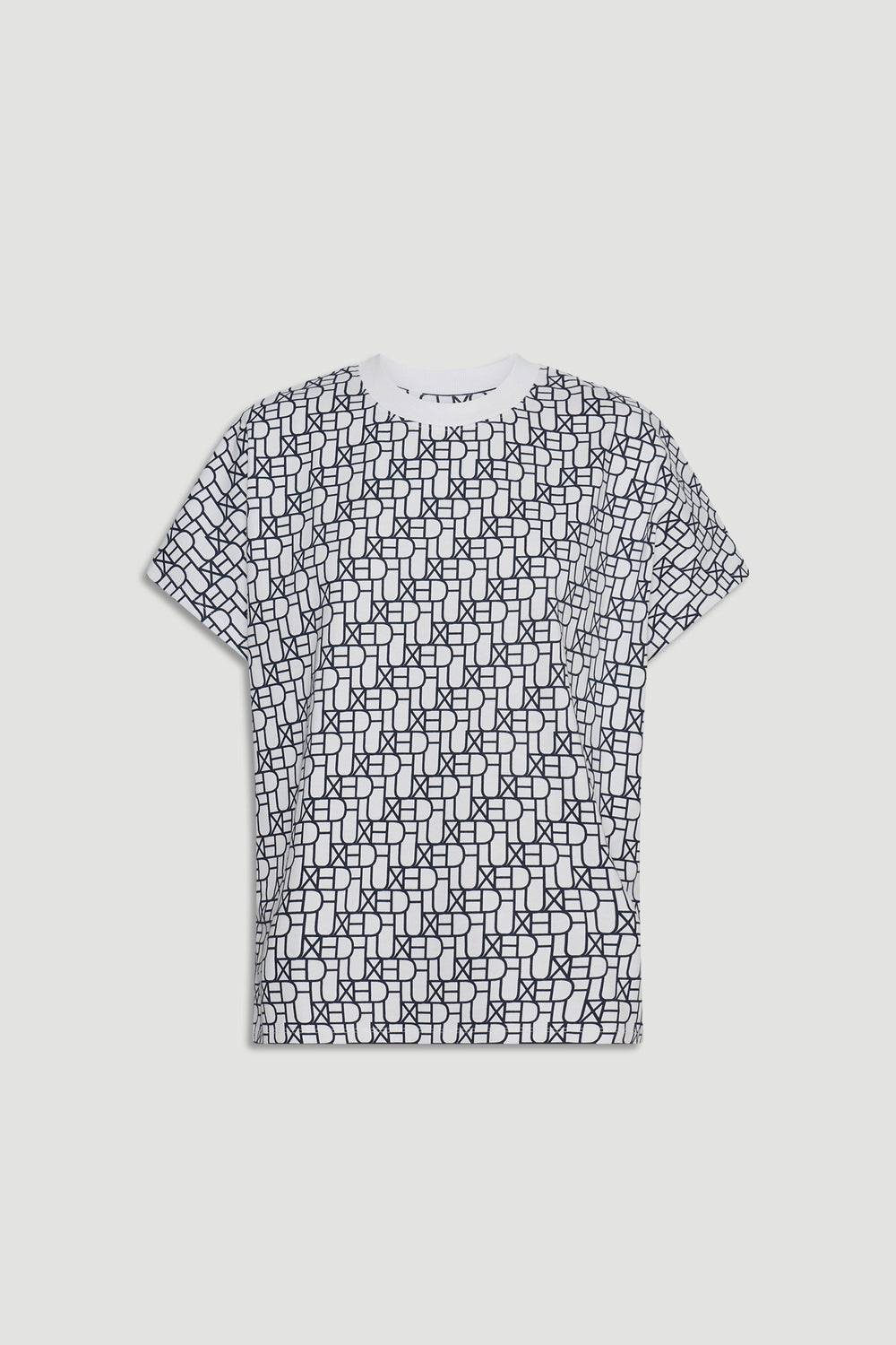 White short-sleeve tee featuring an all-over black geometric monogram print for a bold, stylish look.