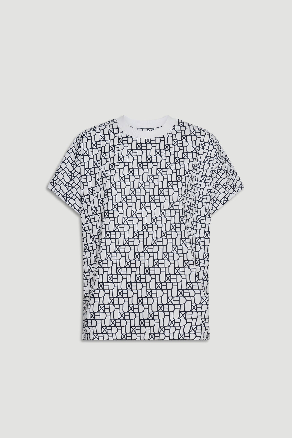 White short-sleeve tee featuring an all-over black geometric monogram print for a bold, stylish look.