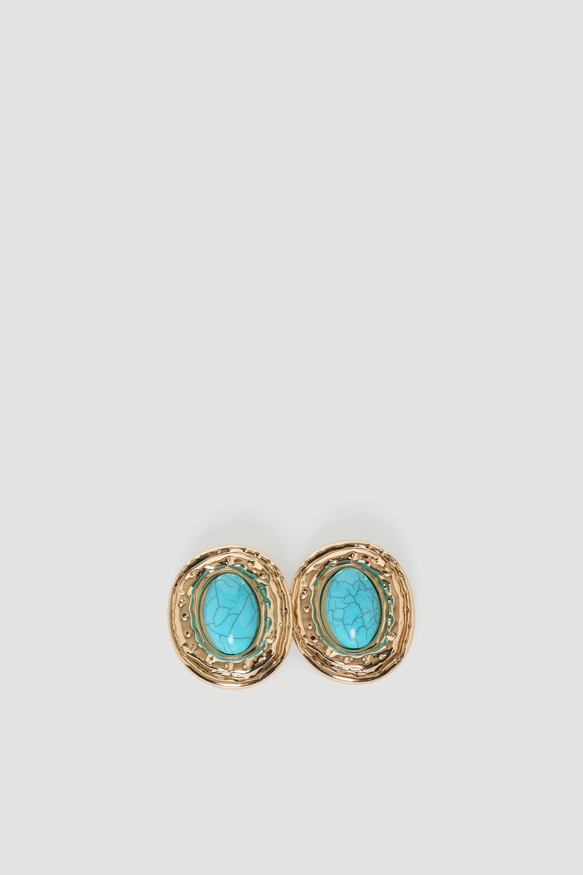 Piper Stone Earrings with bold turquoise centre stones and textured gold outer frame, gallery position 1, portrait view.