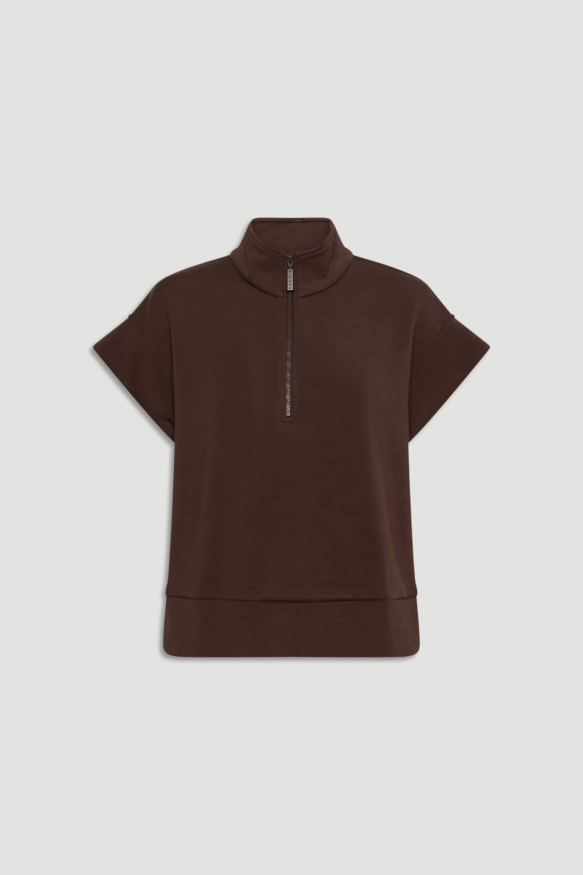 Brown short-sleeve neoprene top with half zip and high collar for a modern, relaxed everyday style.