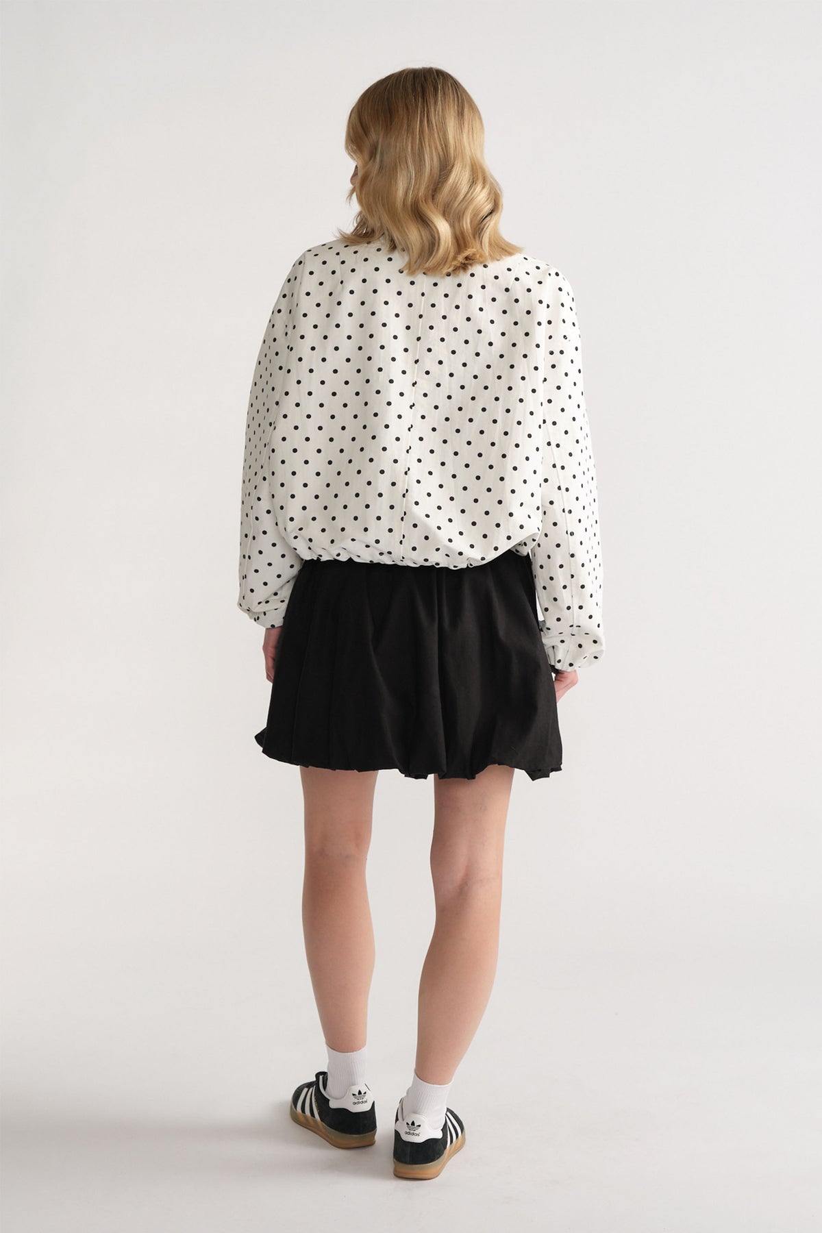 D-Luxe Polka Dot Jacket in white with black dots, styled from the back with a relaxed fit by DECJUBA Australian fashion brand