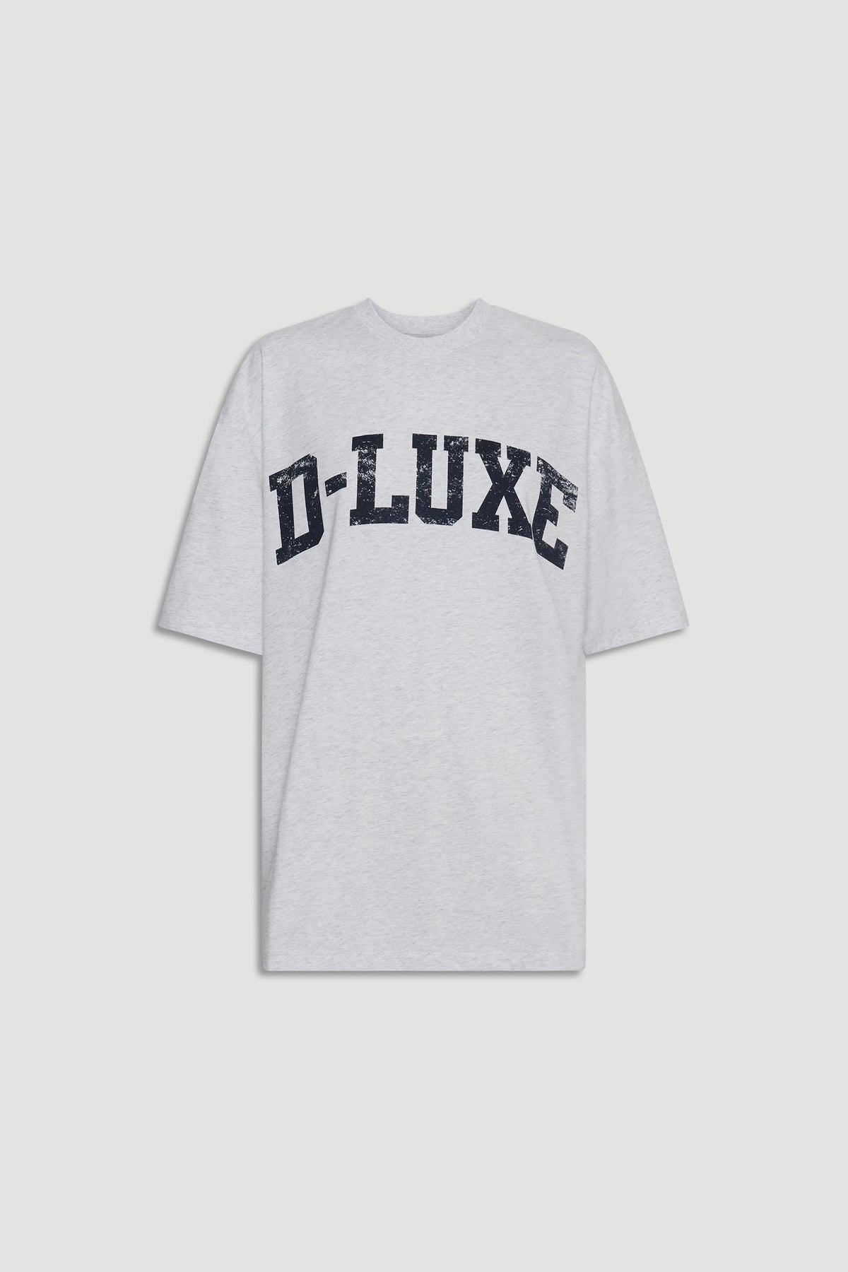 Light grey relaxed-fit tee with distressed black logo print across the chest for a casual, effortless look