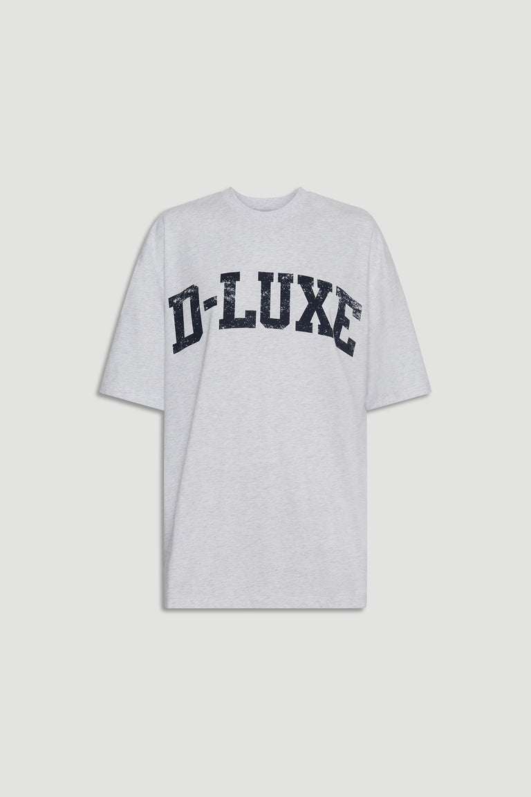 Light grey relaxed-fit tee with distressed black logo print across the chest for a casual, effortless look