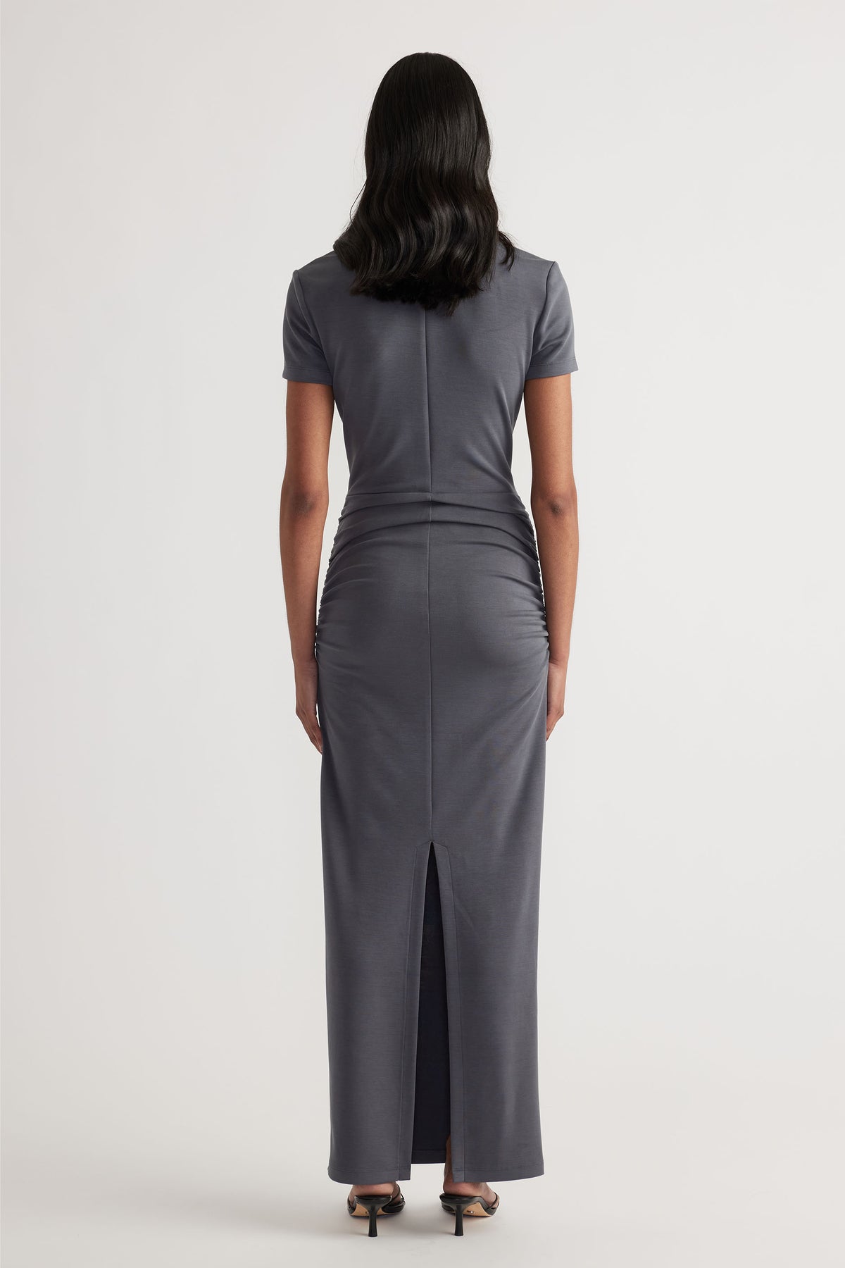 Monica Midi Tee Dress in slate grey with short sleeves and back slit, featuring side ruching by DECJUBA Australian fashion brand