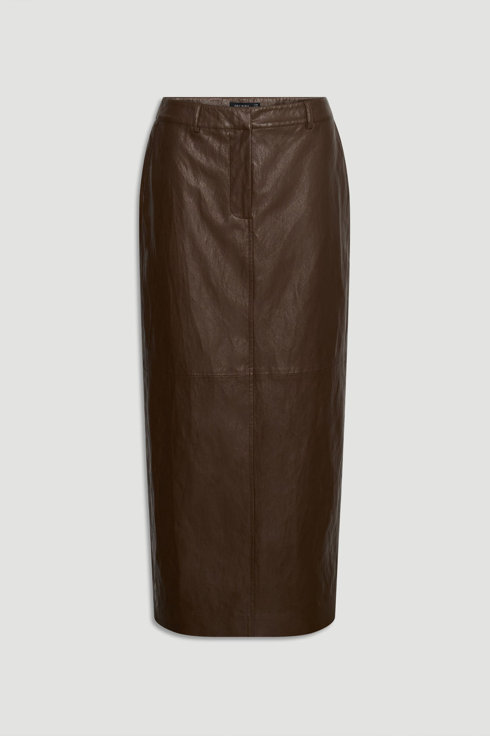 Faux Leather Maxi Skirt in dark chocolate brown with midi length, tailored fit for versatile everyday styling by DECJUBA