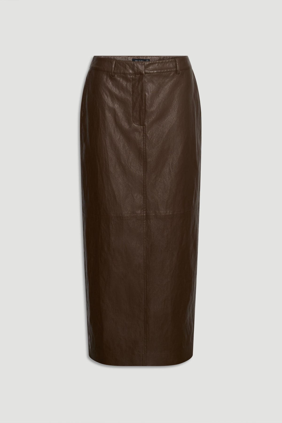 Faux Leather Maxi Skirt in dark chocolate brown with midi length, tailored fit for versatile everyday styling by DECJUBA