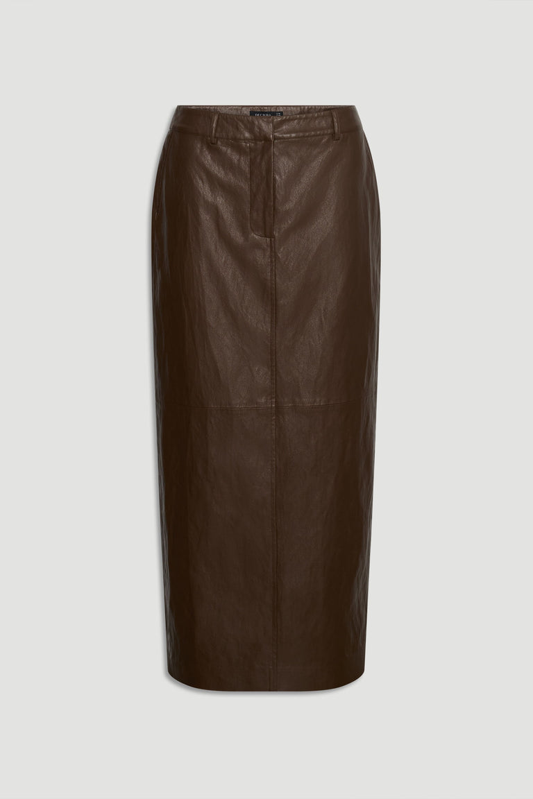 Faux Leather Maxi Skirt in dark chocolate brown with midi length, tailored fit for versatile everyday styling by DECJUBA