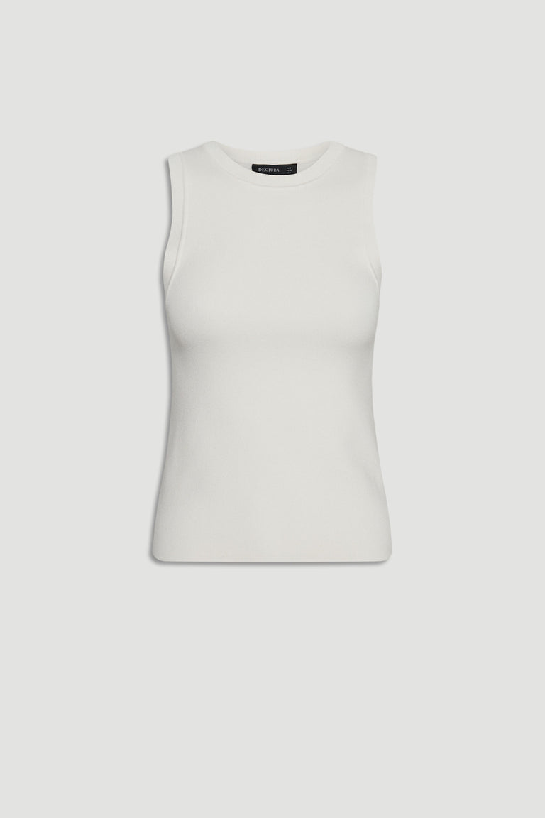 Ava Crew Neck Knit Tank in soft white knit with sleeveless cut, a versatile top by DECJUBA Australian fashion brand