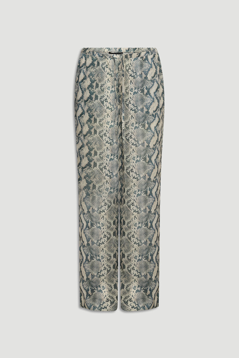 Ilaria Yoryu Pant in portrait gallery shot 4 with pull on elastic waistband and snake print pattern on light background