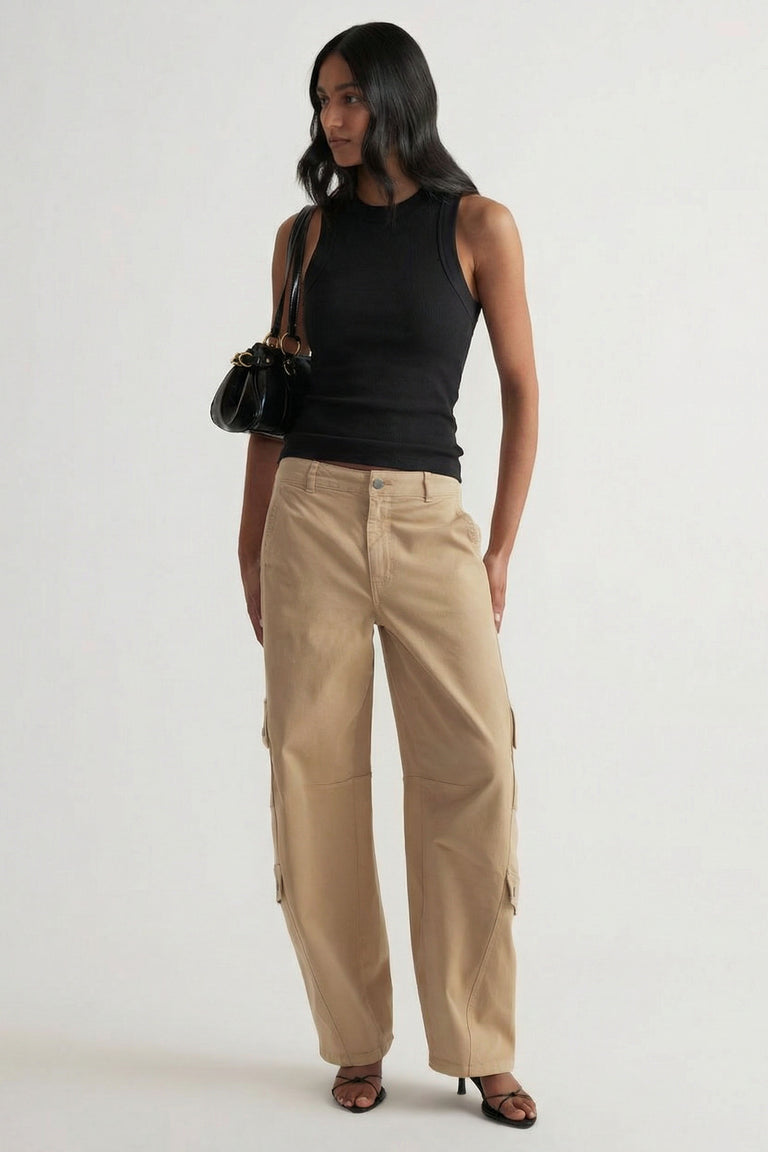 Charlotte Rib Tank in black paired with beige wide-leg pants and black sandals, styled for effortless everyday wear by DECJUBA Australian brand