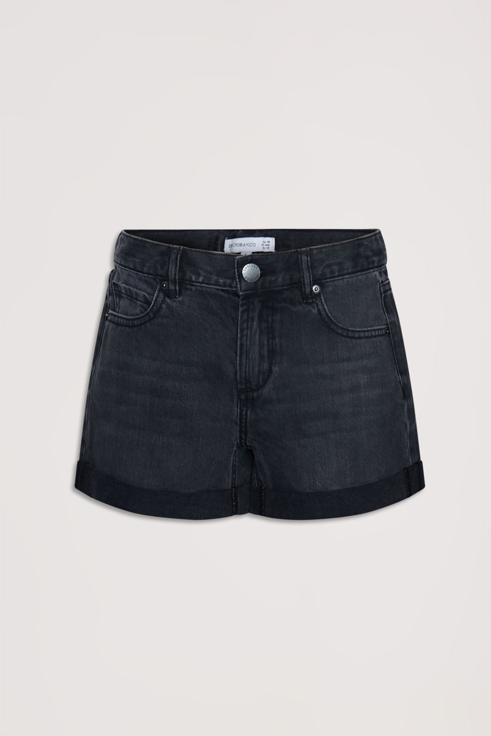 Black cuffed girls’ denim shorts with classic five-pocket styling for a versatile everyday look.