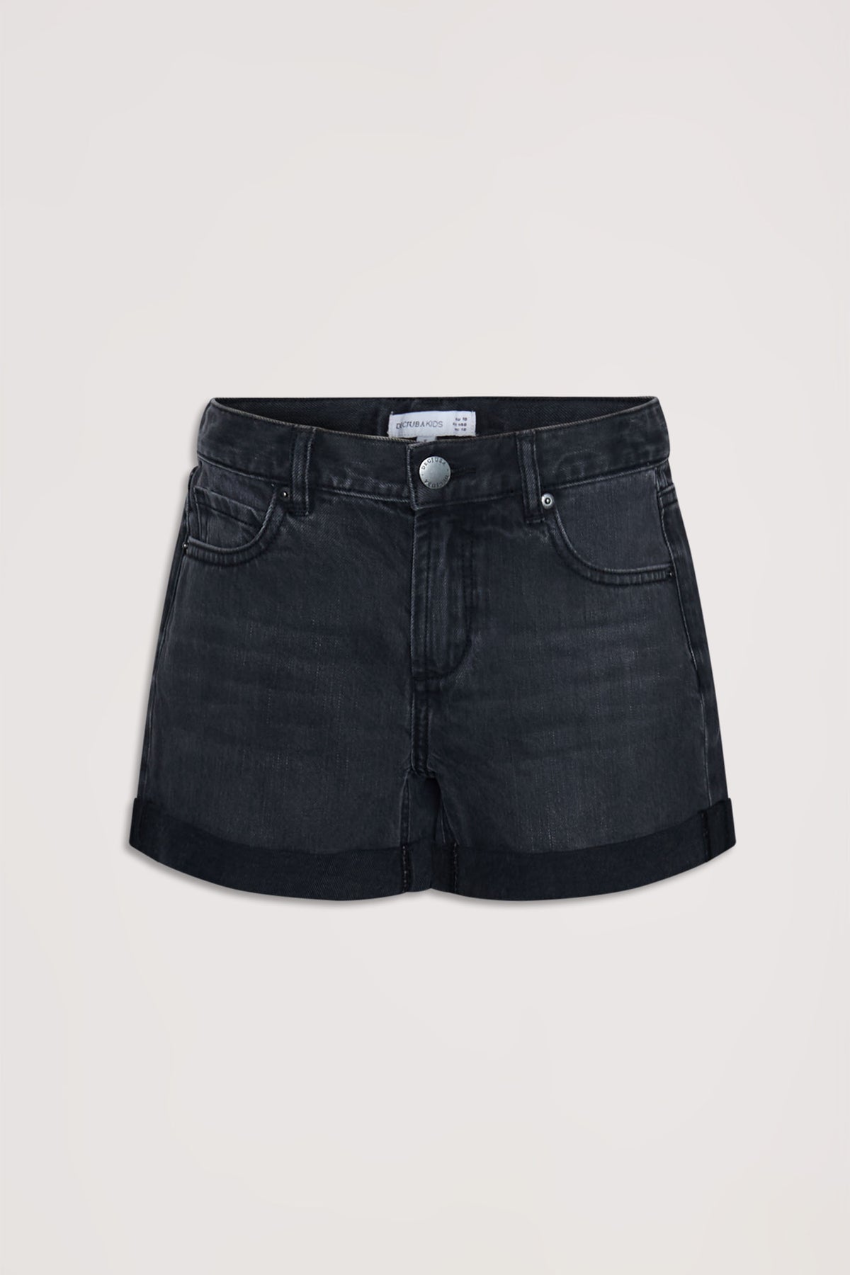 Black cuffed girls’ denim shorts with classic five-pocket styling for a versatile everyday look.