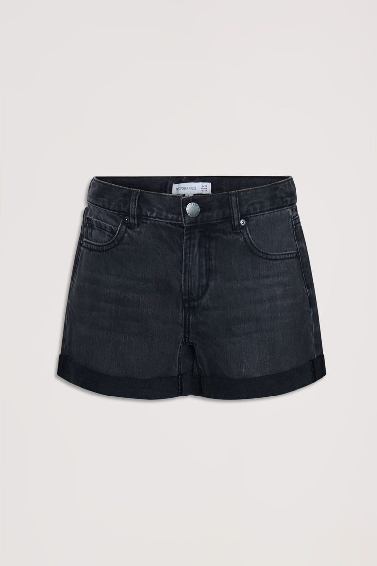 Black cuffed girls’ denim shorts with classic five-pocket styling for a versatile everyday look.
