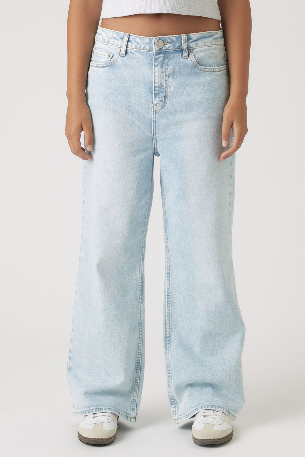 Girls Hailey Wide Leg Jean in light wash denim with relaxed fit and ankle length, shown gallery position 2 portrait view.