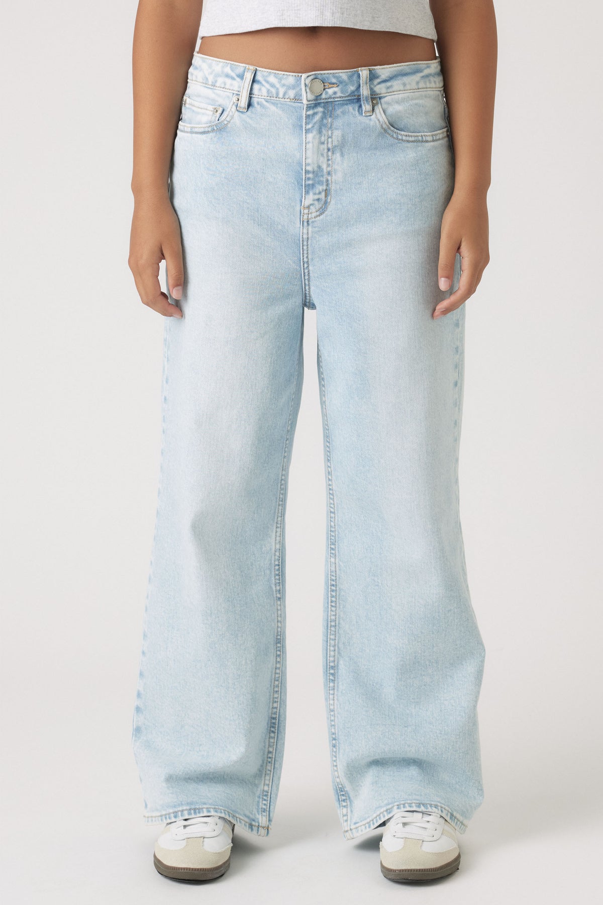 Girls Hailey Wide Leg Jean in light wash denim with relaxed fit and ankle length, shown gallery position 2 portrait view.