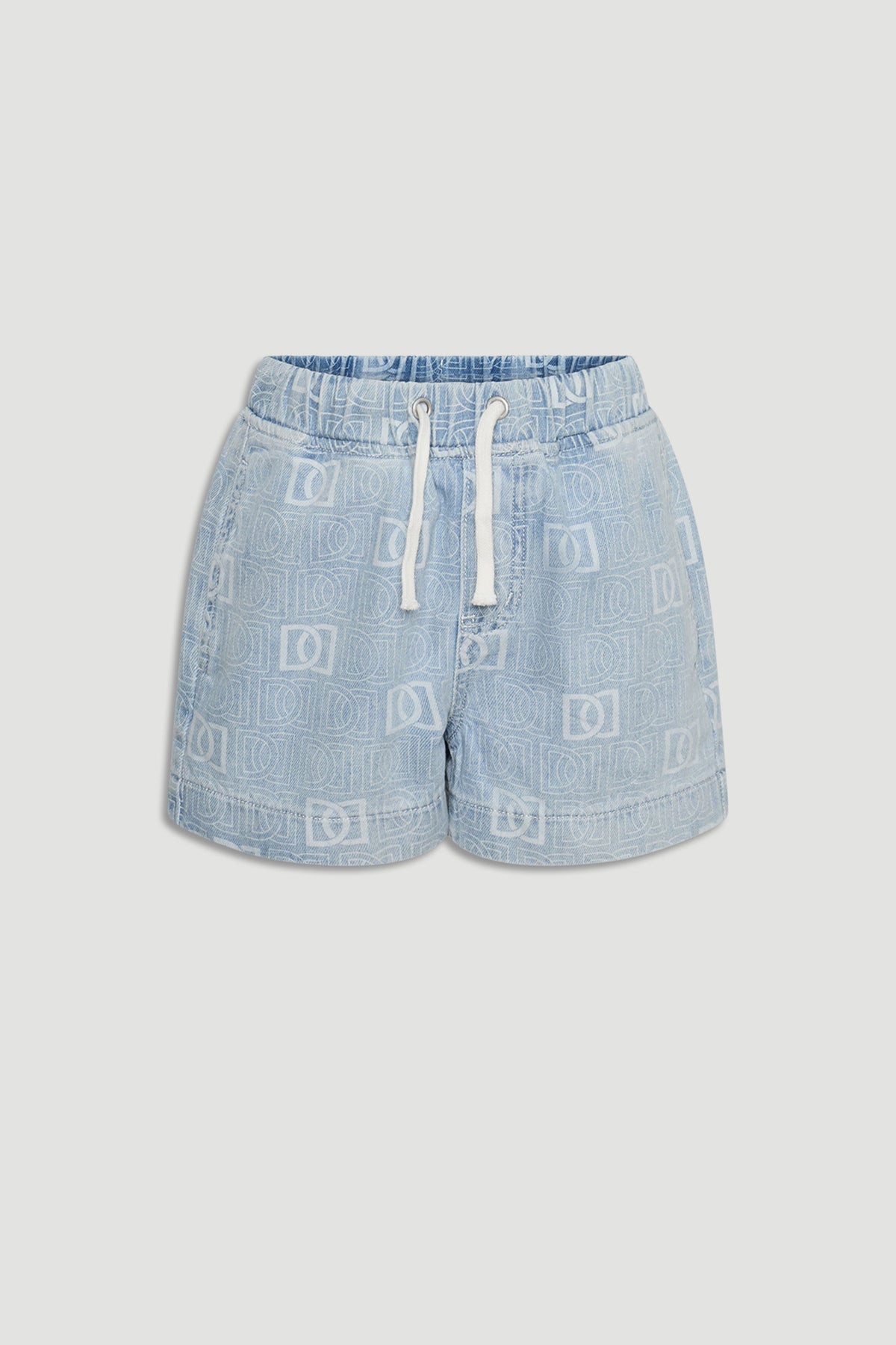 Light blue girls' denim shorts with an all-over monogram print and a white drawstring waistband for casual style.