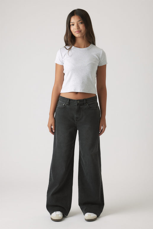 Girls Hailey Extra Long Jean in black denim with wide leg fit, stylish and comfortable by Decjuba Australian fashion brand